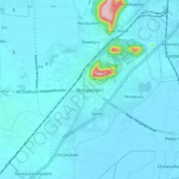 Mapa topográfico Mangalagiri, altitud, relieve