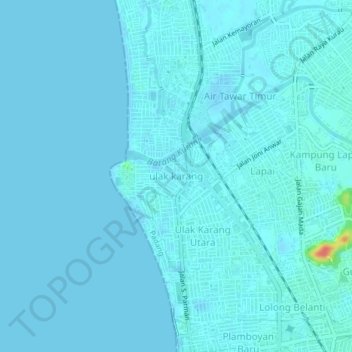 Mapa topográfico ulak karang, altitud, relieve