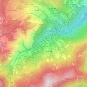Mapa topográfico Fellicarolo, altitud, relieve