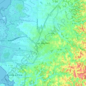 Mapa topográfico Les Abymes, altitud, relieve