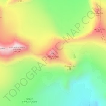 Mapa topográfico Austre Memurutinden, altitud, relieve