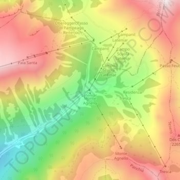 Mapa topográfico Pampeago, altitud, relieve