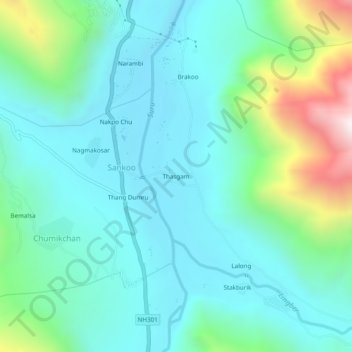 Mapa topográfico Thasgam, altitud, relieve