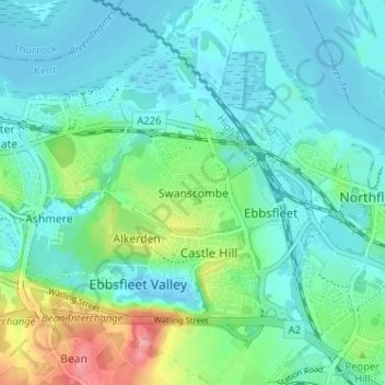 Mapa topográfico Swanscombe, altitud, relieve