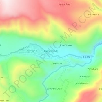 Mapa topográfico Pusca Grande, altitud, relieve
