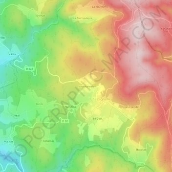 Mapa topográfico Jourchannes, altitud, relieve
