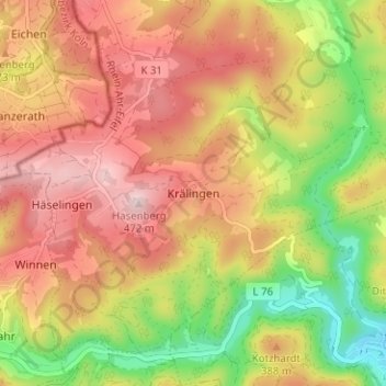 Mapa topográfico Krälingen, altitud, relieve