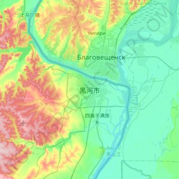 Mapa topográfico Heihe, altitud, relieve