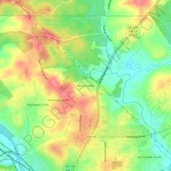 Mapa topográfico Wood Valley, altitud, relieve