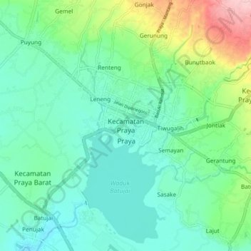Mapa topográfico Kecamatan Praya, altitud, relieve
