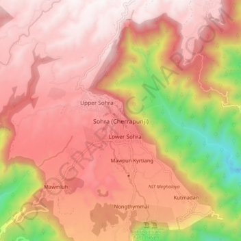 Mapa topográfico Sohra (Cherrapunji), altitud, relieve