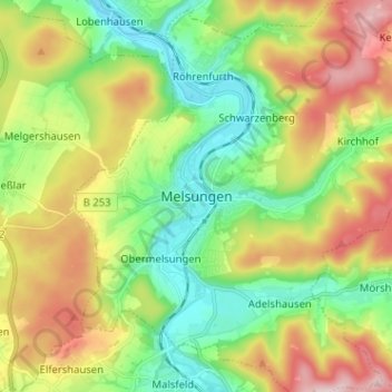 Mapa topográfico Melsungen, altitud, relieve