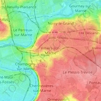 Mapa topográfico Villiers-sur-Marne, altitud, relieve