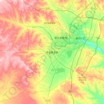 Mapa topográfico 伊金霍洛旗, altitud, relieve