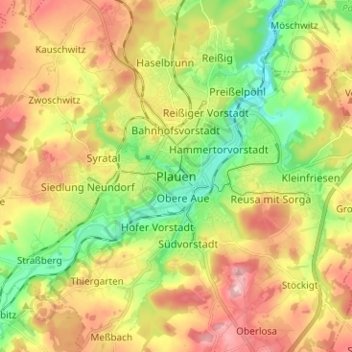 Mapa topográfico Plauen, altitud, relieve