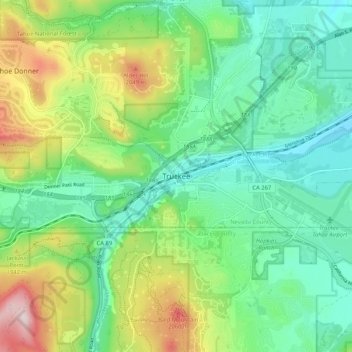 Mapa topográfico Truckee, altitud, relieve