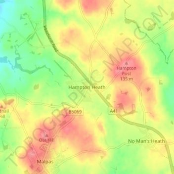 Mapa topográfico Hampton Heath, altitud, relieve