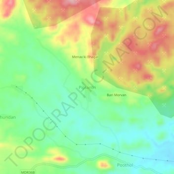 Mapa topográfico Piplantri, altitud, relieve