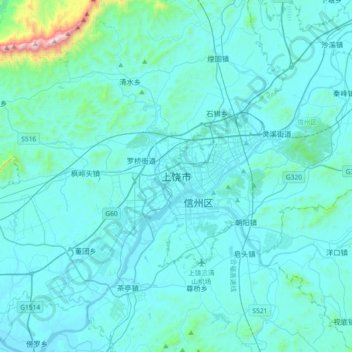 Mapa topográfico Shangrao, altitud, relieve