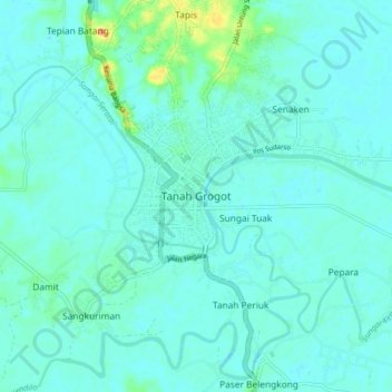 Mapa topográfico Tanah Grogot, altitud, relieve