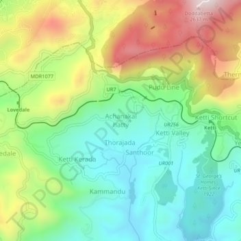 Mapa topográfico Achanakal hatty, altitud, relieve
