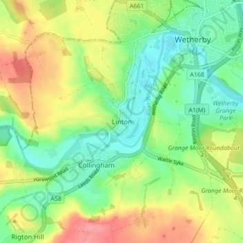 Mapa topográfico Linton, altitud, relieve