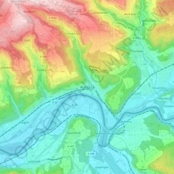 Mapa topográfico Waldshut, altitud, relieve