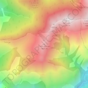 Mapa topográfico Cime d'Anan, altitud, relieve