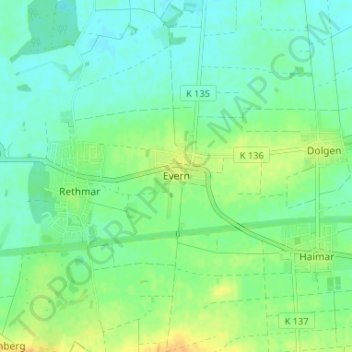 Mapa topográfico Evern, altitud, relieve