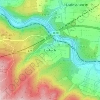 Mapa topográfico Laubach, altitud, relieve