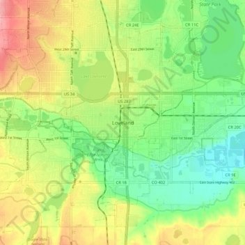 Mapa topográfico Loveland, altitud, relieve