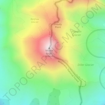 Mapa topográfico Three Sisters, altitud, relieve