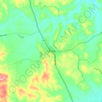 Mapa topográfico Gin Gin, altitud, relieve