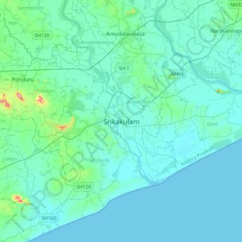 Mapa topográfico Srikakulam, altitud, relieve
