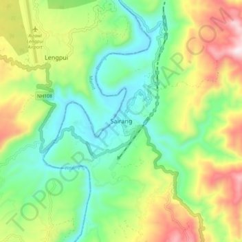 Mapa topográfico Sairang, altitud, relieve