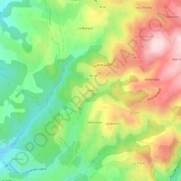Mapa topográfico Poizat, altitud, relieve