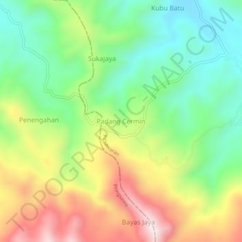 Mapa topográfico Padang Cermin, altitud, relieve