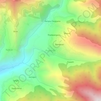 Mapa topográfico Pantwari, altitud, relieve
