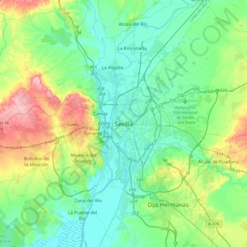 Mapa topográfico Sevilla, altitud, relieve