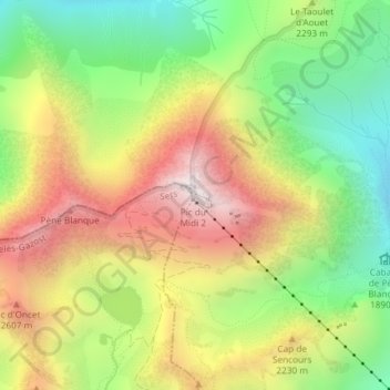 Mapa topográfico Pic du Midi de Bigorre, altitud, relieve