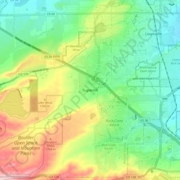 Mapa topográfico Superior, altitud, relieve