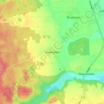 Mapa topográfico Sławutowo, altitud, relieve