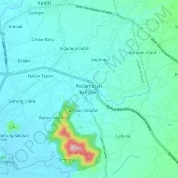 Mapa topográfico Kecamatan Kuripan, altitud, relieve