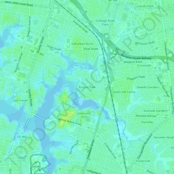 Mapa topográfico Roland Park, altitud, relieve