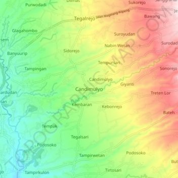 Mapa topográfico Candimulyo, altitud, relieve