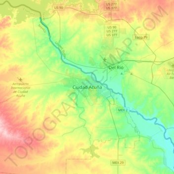 Mapa topográfico Ciudad Acuña, altitud, relieve