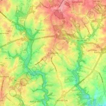 Mapa topográfico Colesville, altitud, relieve
