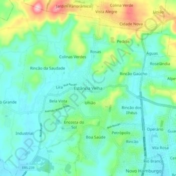Mapa topográfico Estância Velha, altitud, relieve
