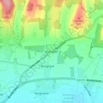 Mapa topográfico Halnaker, altitud, relieve