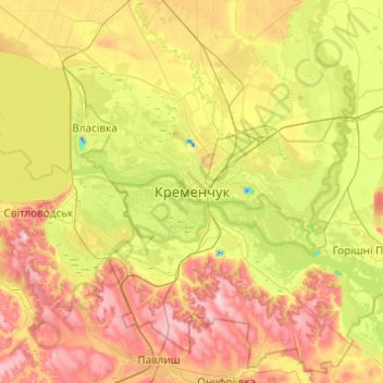 Mapa topográfico Kremenchuk, altitud, relieve